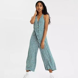 American Eagle AE Ditsy Print Green Halter Jumpsuit Romper - size Medium